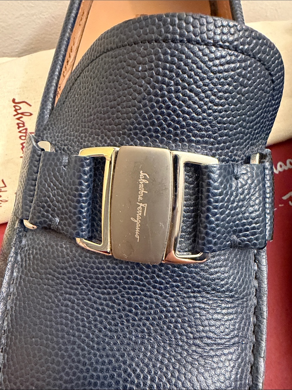 Salvatore Ferragamo Navy Pebbled Leather Gancini Bit Loafers - Picture 4 of 5